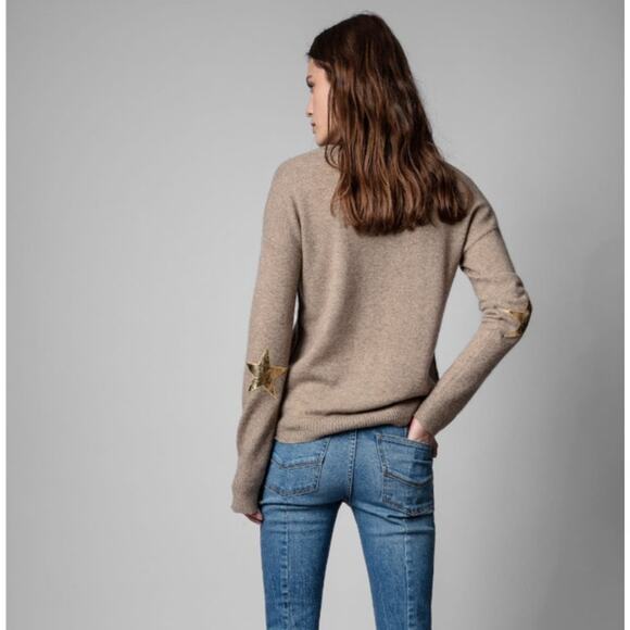 Zadig & Voltaire Vivi WS Gold Star Elbow Patch Cashmere Sweater M Oatmeal Deep V - Picture 5 of 13